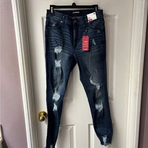 Express Women's Dark Blue Distressed Skinny Jeans